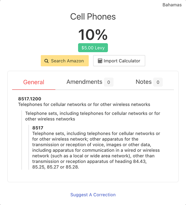 Screenshot of duty rate for cell phone including tariff code and environmental levy.