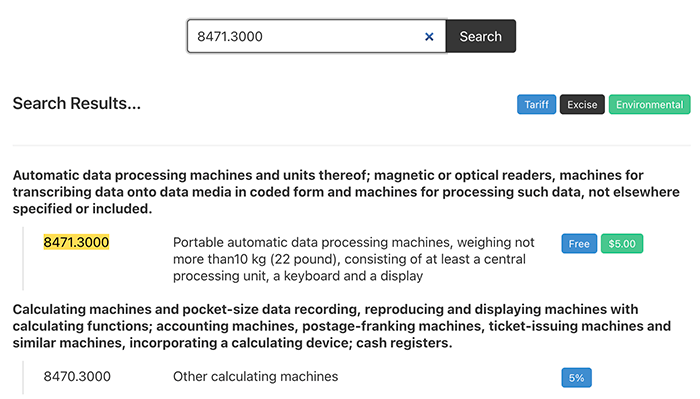 Screenshot of tariff search results.